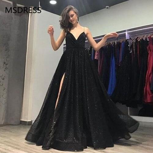 V-Neckline Backless Prom Long Elegant Dresses with Split A-Line Spaghetti Straps Sweep Train Black Sequined Prom Dress
