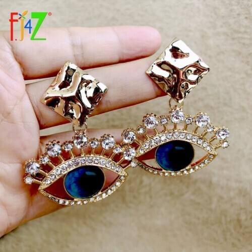 F.J4Z New Womens Eye Earrings Classic Blue Eyeball Sparkling Crystal Eyelash Drop Earring Lady Party Earring Gifts Dropship