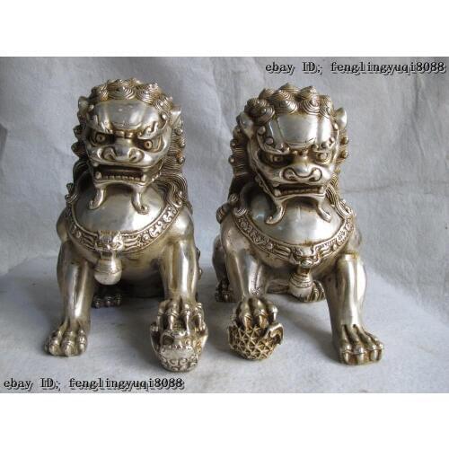 Chinese White Copper Silver Royal Palace Feng Shui Evil Door Foo Dog Lion Pair Garden Brass Bronze unicornio garden decoration