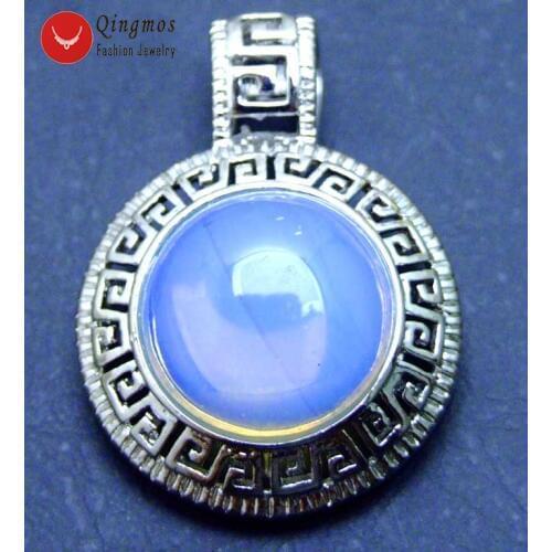 Qingmos 25mm Round Pendant for Women with 17mm Round Natural Blue Opal Stone Pendant Trendy Fine Jewelry Pen241 Free Shipping