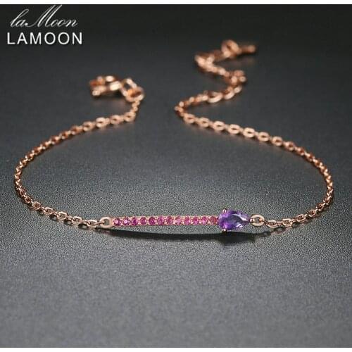 LAMOON 925 Sterling Silver Bracelet Gemstone Woman Amethyst Bracelet 18K Rose Gold Plated Fine Jewelry Water Drop Shape LMHI049