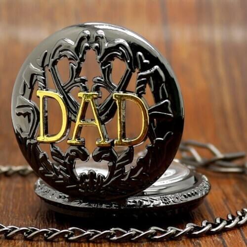 DAD Fashion Pocket Watches Black Hollow Goden Dad Father Puppy Daddy Grandpas Exquisite Gift Pocket-Watch with Chain Necklace