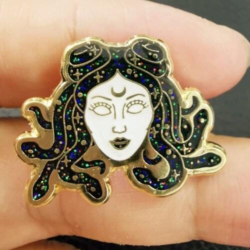 Cartoon Galactic Medusa Glitter Punk Enamel Brooch Pin Backpack Hat Bag Collar Lapel Pins Badges Fashion Jewelry Accessories