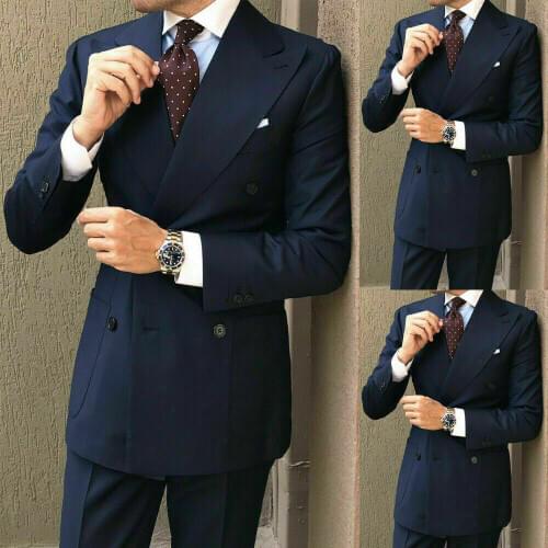 Wide Lapel Peak Navy Blue Tuxedos Mens Wedding Party Formal Prom Groom Suits 2 pieces(Jacket & Pants) Custom suits
