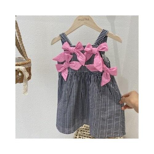 2021 Summer New Girl Korean One-piece Princess Dress Baby Girl Bow Suspender Dress Plaid Dresses for Girls Baby Clothes 2-7 Year