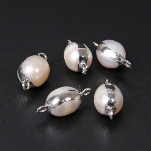 3PCS Silver Color Edged Natural Pearl Pendant Connector Peanut Shape White Pearl Oval Charms for Jewelry Making Accessories DIY