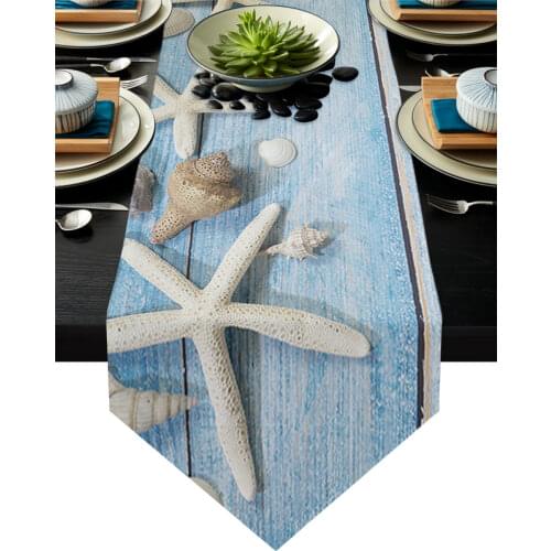 Beach Starfish Blue Wooden Texture Table Runner Modern Table Flag Home Party Country Wedding Decoration Tablecloth Table Runners