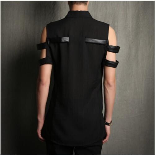 S-4xl Summer New Fashion Short-sleeve Hairstylist Personality Shirt Slim Pu Leather Splicing Nightclub Top Singer Costumes