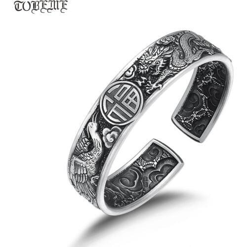 Handmade 100% 999 Silver Good Luck Cuff Bracelet Silver Dragon Phonix Bangle Love Cuff Bracelet