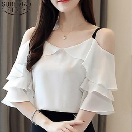 Slash Neck Off Shoulder Top Chiffon Blouse Blusas Mujer De Moda 2021 White Blouse Women Short Sleeve Blouse Women Tops 4079 50