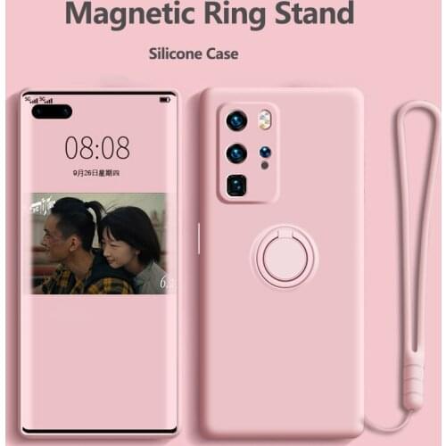 Solid Color Silicone Hand-strap Phone Case For Huawei P40 P30 P20 Pro Mate 40 20 30 Pro Nova 5 6 7 Ring Holder Soft Phone Cover