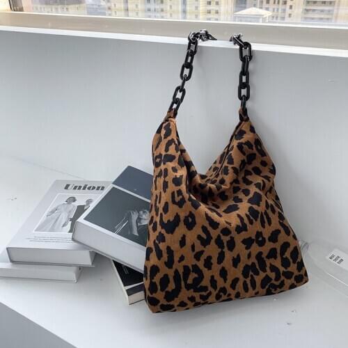 Women Casual Handbags 2020 Corduroy Leopard Soft Bag Female Shoulder Bags Large Capacity Chain Casual Shopping Tote Purse