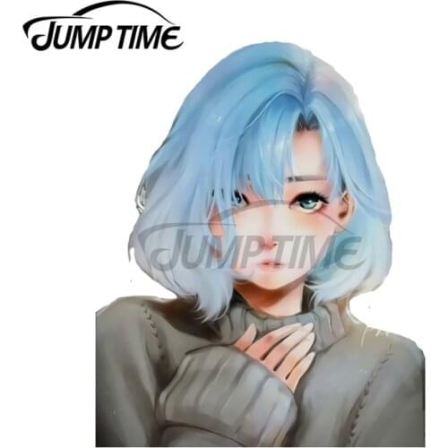 JumpTime 13 x 9.6 cm Blue haired Sweater Anime girl Motorcycle Car Stickers Laptop Fine Decal Occlusion Scratch Waterproof Decor