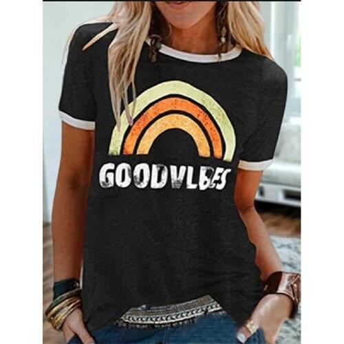 PlusSister Womens Cotton T-Shirt Casual Rainbow Print Harajuku Shirt Fashion Plus Size O Neck T-Shirts Women Short Sleeve Tops