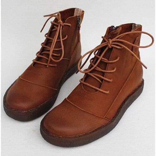 Careaymade-womens boots Genuine leather short boots soft flat bottomed round head cowhide high top anti slip handmade boots