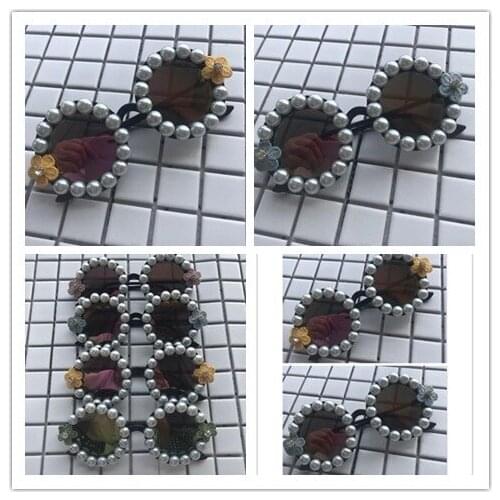 Women Pearl Sunglasses Mirror Lens Round Shades Eyewear Diamond Flower Handmade Eyeglass Summer Gorgeous Beach Sun Glasses