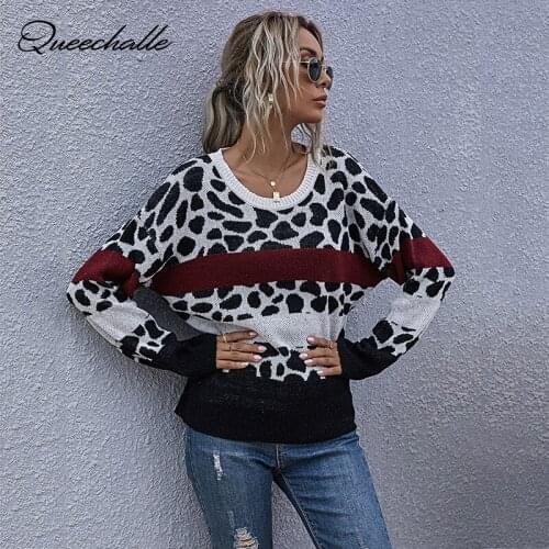 Black White Spots Patchwork Knitted Pullover Autumn Winter 2021 Long Sleeve Casual Round Neck Sweater for Women Jumper Tops