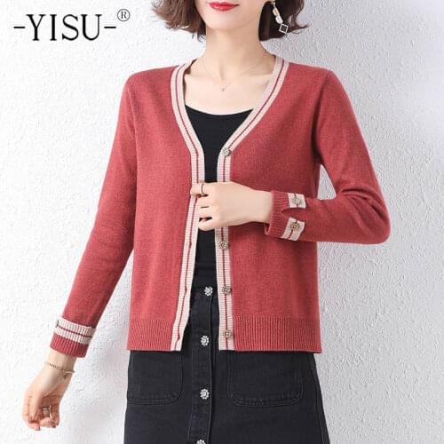 YISU Women Knitted Cardigans Sweater Fashion Autumn Winter Long Sleeve Loose Coat Casual Button Thick Stripe V Neck Female Tops
