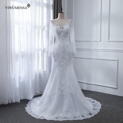 A10 Charming Beading Neck Mermaid Long Sleeves Wedding Dress 2020 White Tulle Lace Appliques Bridal Gowns Custom Made Dresses