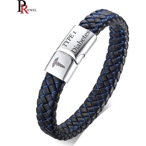 Mens Blue and Black Braided Real Leather Medical Alert ID Bracelets Cuff Wristband Bangle Free Engraving