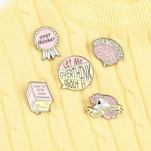 Pink series Enamel Pin Custom Overthinking Award Brain Skull Book Brooches Bag Lapel Pin Cartoon Badge Jewelry Gifts for Friends