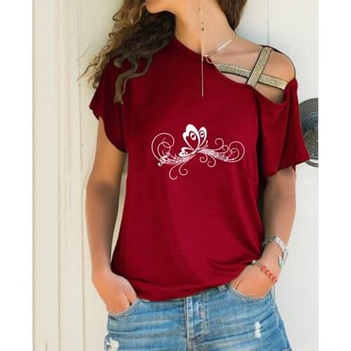 Butterfly Music Note Letter Print New Loose Irregular T-shirt Women Sexy Skew Neck Cross Bandage Tops for Female Lover Gift