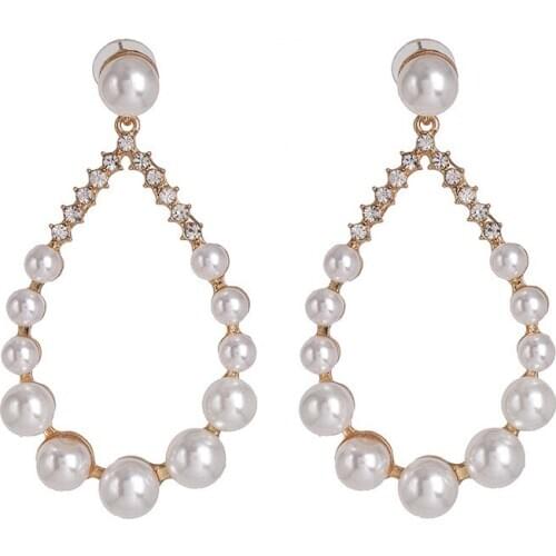 Geometric Water Drop Long Drop Earrings Imitation Pearls Beaded Large Earrings Femme Vintage Statement ZA Earrings For Women