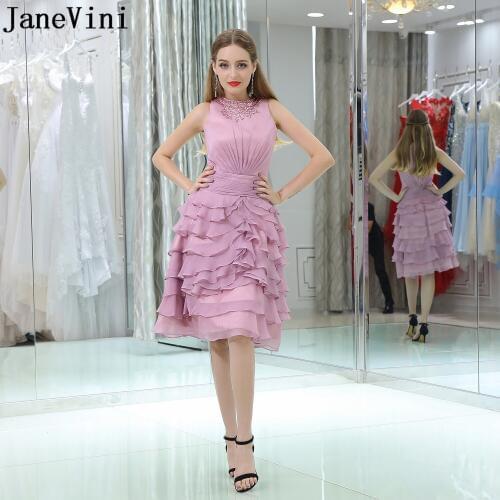 JaneVini Charming Beaded Bridesmaid Dresses Dusty Pink Dresses for Weddings Short A Line Tiered Chiffon Wedding Party Gowns 2019