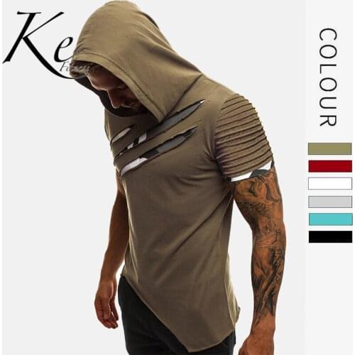 KE New mens hooded T-shirt broken copper camouflage personality fitness wrinkle short-sleeved gym t-shirt men