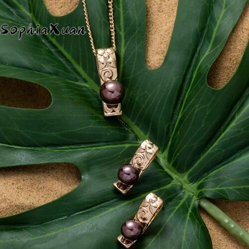 SophiaXuan Hawaiian Polynesian Jewelry Set Pink Gray Brown Pearl Geometric Samoa Necklace Earrings Set Wholesale for Women 2021