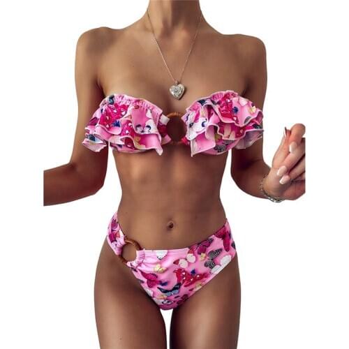 Floral Print Ruffle Edge Bikini Push Up Swimsuit Sexy Women Bikini Set 2020 Thong Bathing Suit Bandeau Beach Wear Swimwear