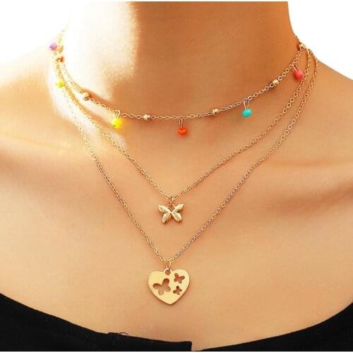 3PCS Fashion Clavicle Necklace Butterfly Heart Charm Necklace WomenS Delicate Alloy Pendant Necklace Multicolor Jewelry