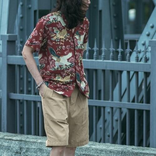 Non Stock Mens Japanese Style Tiger Pattern Casual Wine Red Khaki Short Sleeve Aloha Hawaiian Shirt
