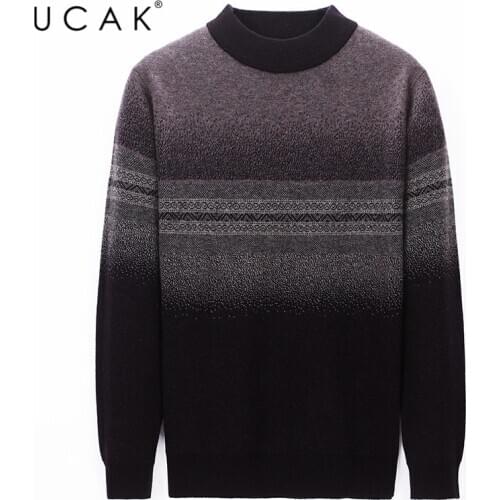 UCAK Brand Pure Merino Woo Striped Sweaters Men Clothes O-neck Streetwear Sweater Pull Homme Winter Warm Pullover Clothing U3194