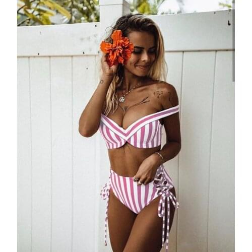 2020 New Women Bikinis Set Sexy Striped Push Up Swimwear High Waist Swimming Suit Off Shoulder V neck Bra Beachwear Bathing Suit