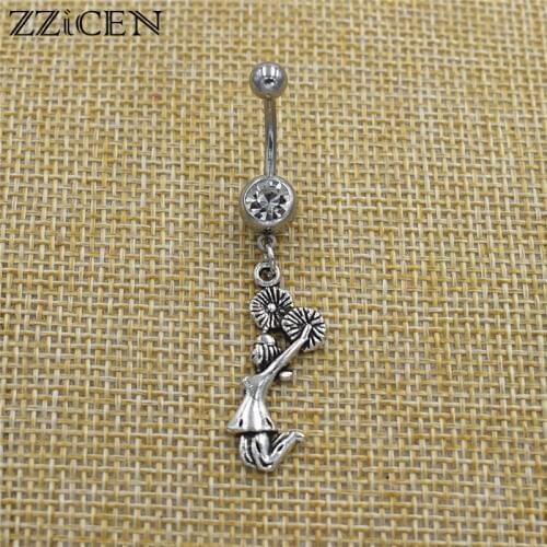 New Fashion Belly Button Rings Cheer Girls Cheering Navel Dangle Curved Bar Crystal Barbell Piercing Cheerleader Body Jewelry