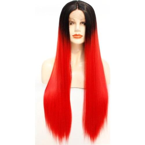Ombre Long Straight Synthetic Hair Wigs Natural Straight Heat Resistant Front Lace For Black Women Ombre Wig Black Root to Red