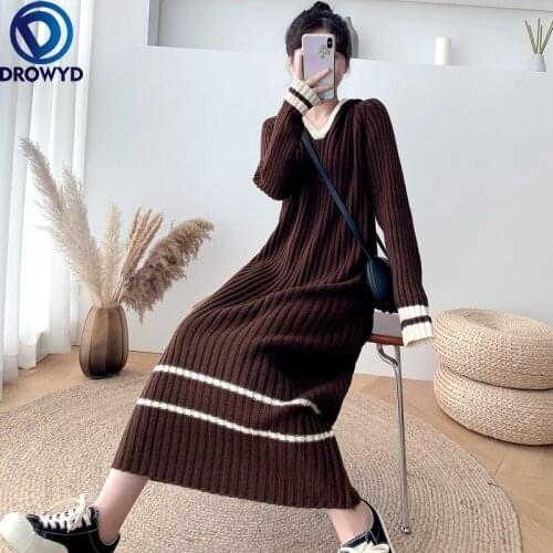 2021 Autumn and Winter Korean Version of The Knee-length Hooded Thick Knitted Dress Striped Sweater Dress Stretch Pullover Dress