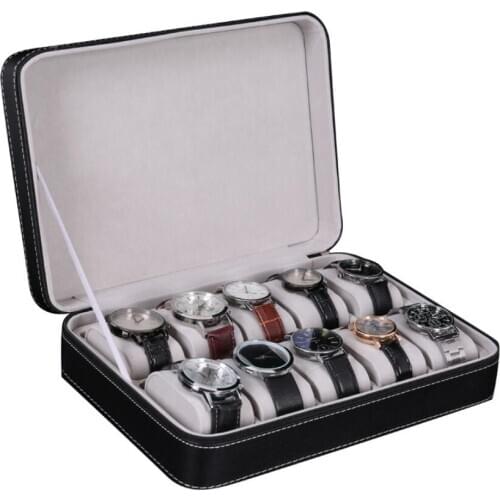 6/10 Slot Watch Box Portable Travel Zipper Case Collector Storage Faux Leather Jewelry Storage Box Black