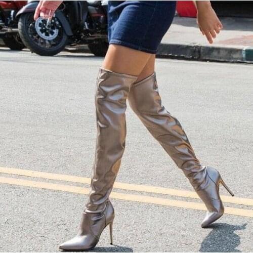 Luxury Metallic Leather Thigh High Heel Boots Women Pointy Toe Stiletto Heel Boots Shoes Wide Calf Over The Knee Boots Plus Size