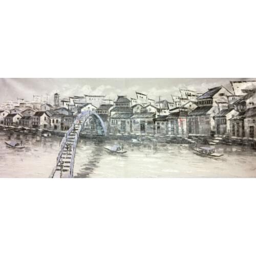 HandPainted White and Black China Suzhou Water Village Landscape Oil Canvas Painting Abstract Wall art Picture for Home Decor