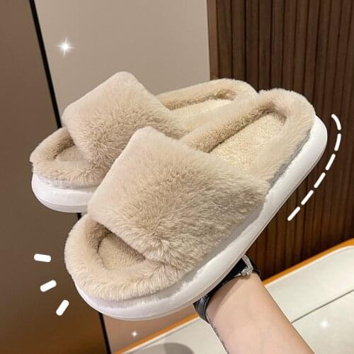 Winter Home Women Shoes Warm Faux Fur Ladies Slippers Soft Plush Furry Open Toe indoor Woman Slides household Flip Flops
