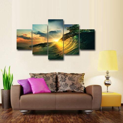 Tropical Beach Ocean Wave 5 Panel Sunrise Art Poster Print Landscape Wall Picture Living Room Decoration
