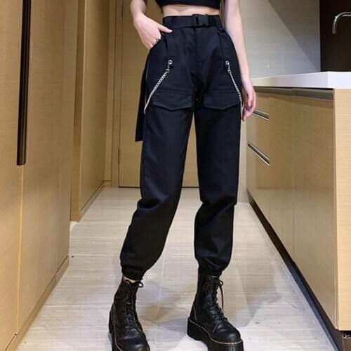 Streetwear Cargo Pants Women Casual Joggers With Chains 2020 Black High Waist Loose Female Trousers Korean Punk Style Lady Pant