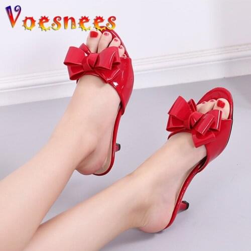 Slippers Female Summer 2019 New Outside Wear Korean version of high heel Medium Heel Thin Heel Bow Fishmouth one word Shoes