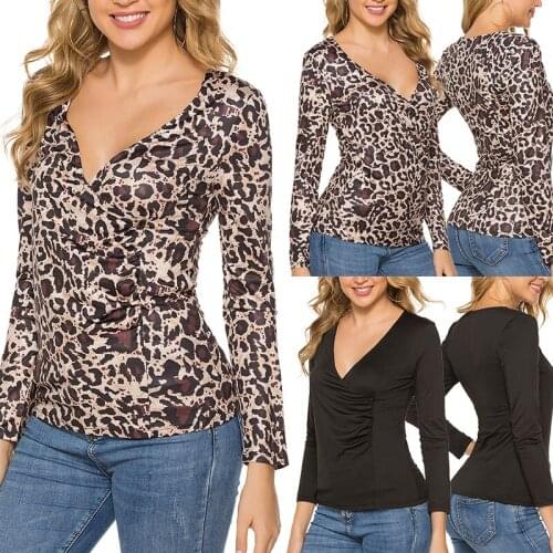 Women Leopard Long Sleeve Casual T-Shirts 2019 Autumn Spring V-Neck Print Slim Fit Tops Tee T-Shirt Plus Size