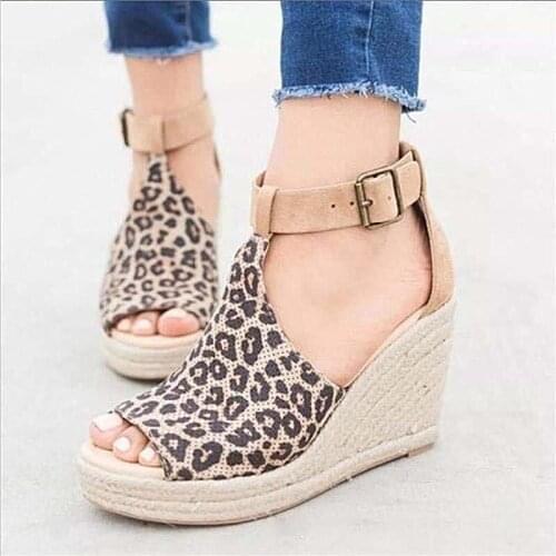 Womens Sandals Leopard Retro Women Shoes Casual Flat Platform Ladies Wedges Shoes Woman Buckle Strap Leopard Plus Size Female