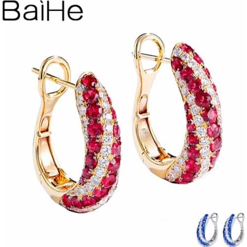 BAIHE Genuine Solid 14K White/Yellow Gold Natural Ruby/Sapphire Diamonds Fine Jewelry Earrings Women Wedding серьги 2020 тренд