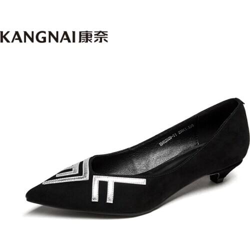 KANGNAI Women Pointed Toe Pumps Kid Suede Low Heels Patchwork Slip-On Ladies Fashion Shallow Shoes
