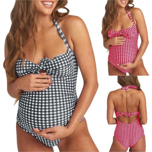 Womens Swimsuit Maternity Summer Beach Bikini Plaid Print One Piece Swimwear Summer Pregnant Mother Clothing Bathing Beachwear